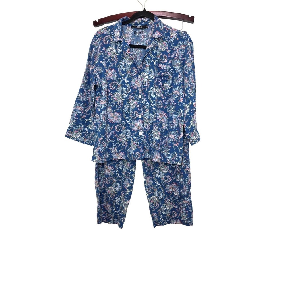 Lauren Ralph Lauren Women's M Button-Front Blue Paisley Pajama Set‎ 3/4 Sleeve
